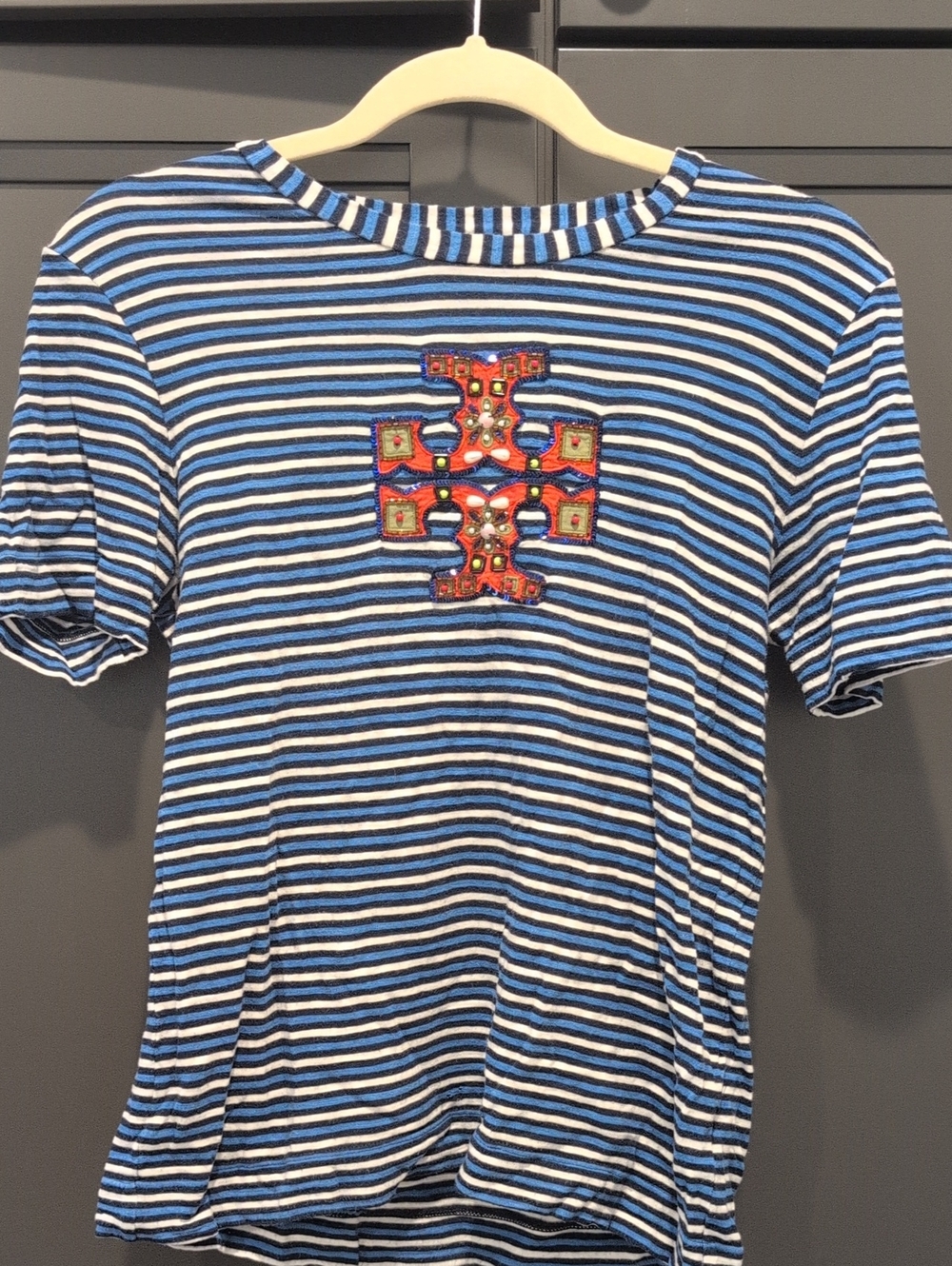Tory Burch Blue Striped Short-Sleeve Top with Embellished Cross Detail